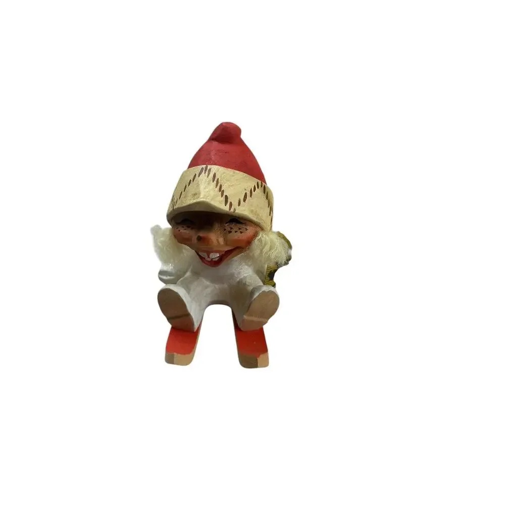 Vintage Christmas Norwegian Signed Henning Hand Carved Troll On Skis Folk Art